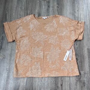 Chico’s 100% Linen leafy relax tee Top Size 2 large embroidered